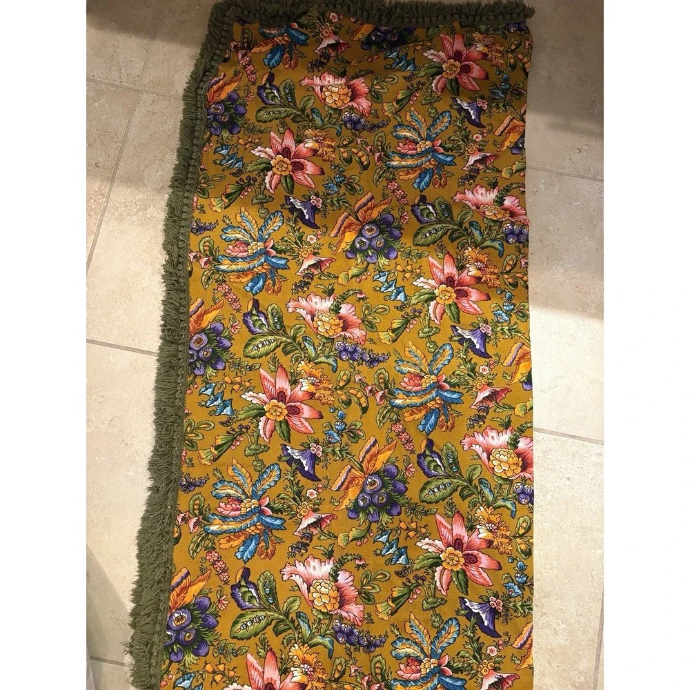 Vintage Retro Fringe‎ Tablecloth 1970 green 44X56 floral colorful!